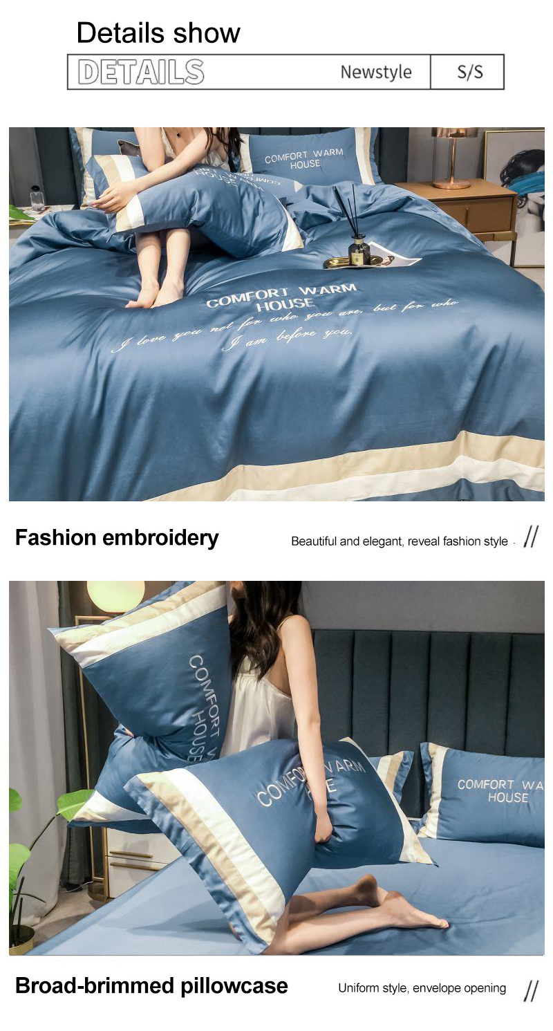 Factory Price King Bed Fashion Style Bedsheet 100% Cotton Blue Twin Bed