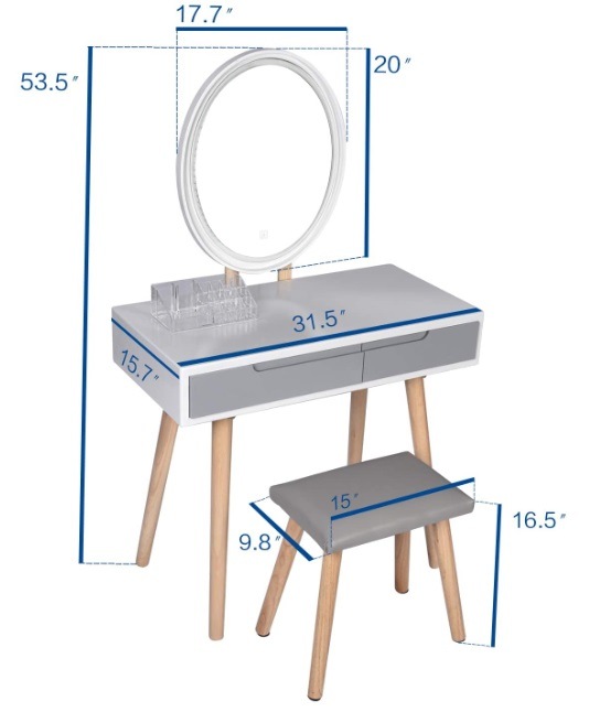 Vanity Table Set with Adjustable Brightness Mirror and Cushioned Stool, Dressing Table Vanity Makeup Table with Free Make-up Organizer