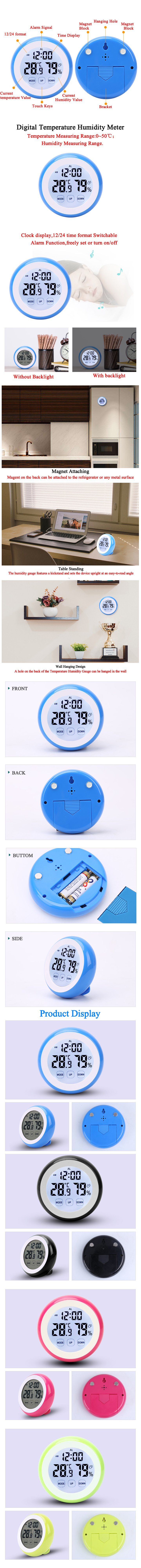 Round Multi Thermometer and Hygrometer with Digital Alarm Clock for Bedroom