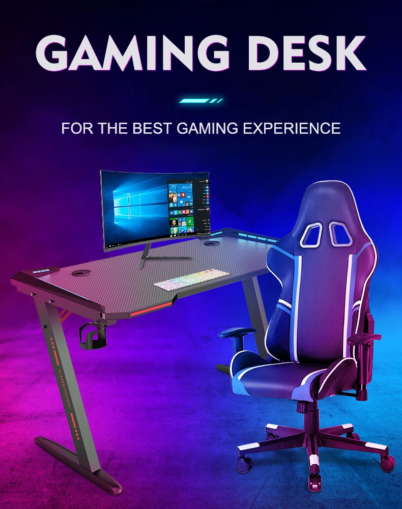 Vama Black Gaming Desk 55 Inch Racing Style, Z-Shaped Home Computer Desk, Large Ergonomic Gaming Table Gamer Table Workstation with RGB LED Light