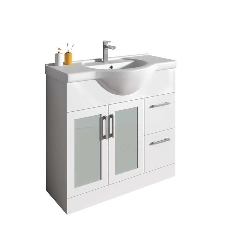 Simple White Floor Mounted Bathroom Furniture with Metal Handles and Faucets