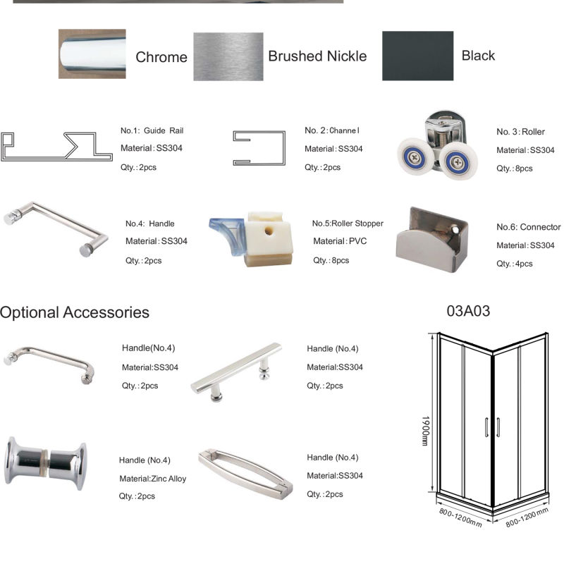 Stainless Steel Shower Glass Enclosures with SS304 Roller Handle