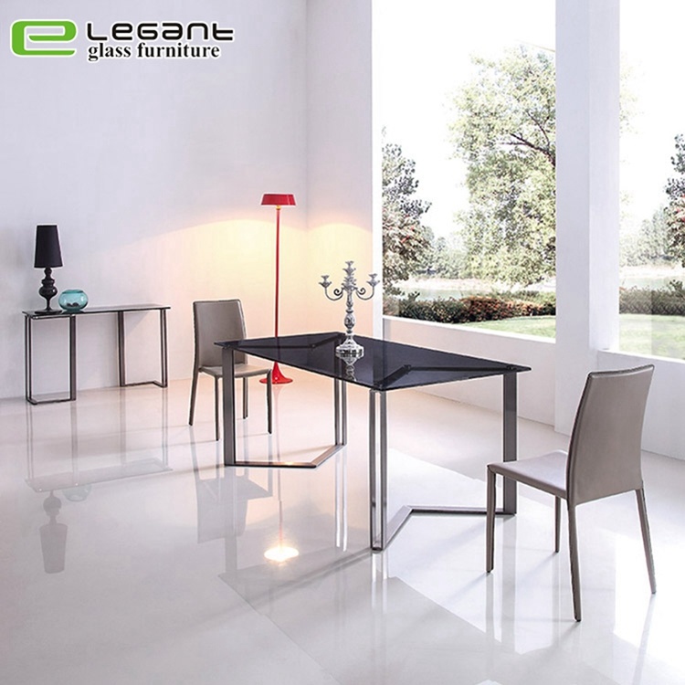 Modern Glass Dining Table, Black Coated Iron Dining Table
