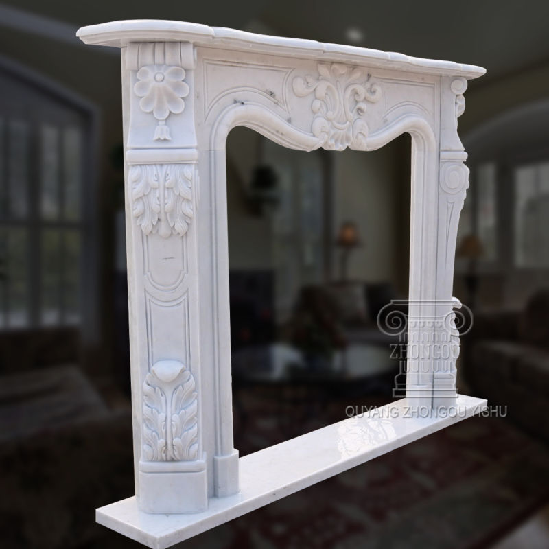 White Marble Hand-Carved Fireplace Mantel with Beautiful Flowers
