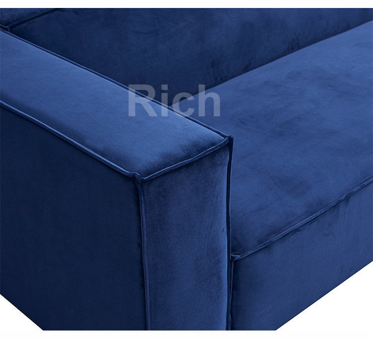 Blue Fabric Velvet Right Chaise Lounge L Shaped Modular Sofa
