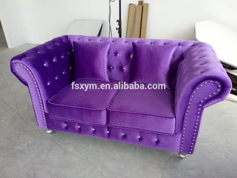 Living Room Sofa Set Velvet Fabric Upholstered Purple Chesterfield Sofa Couch Sofa