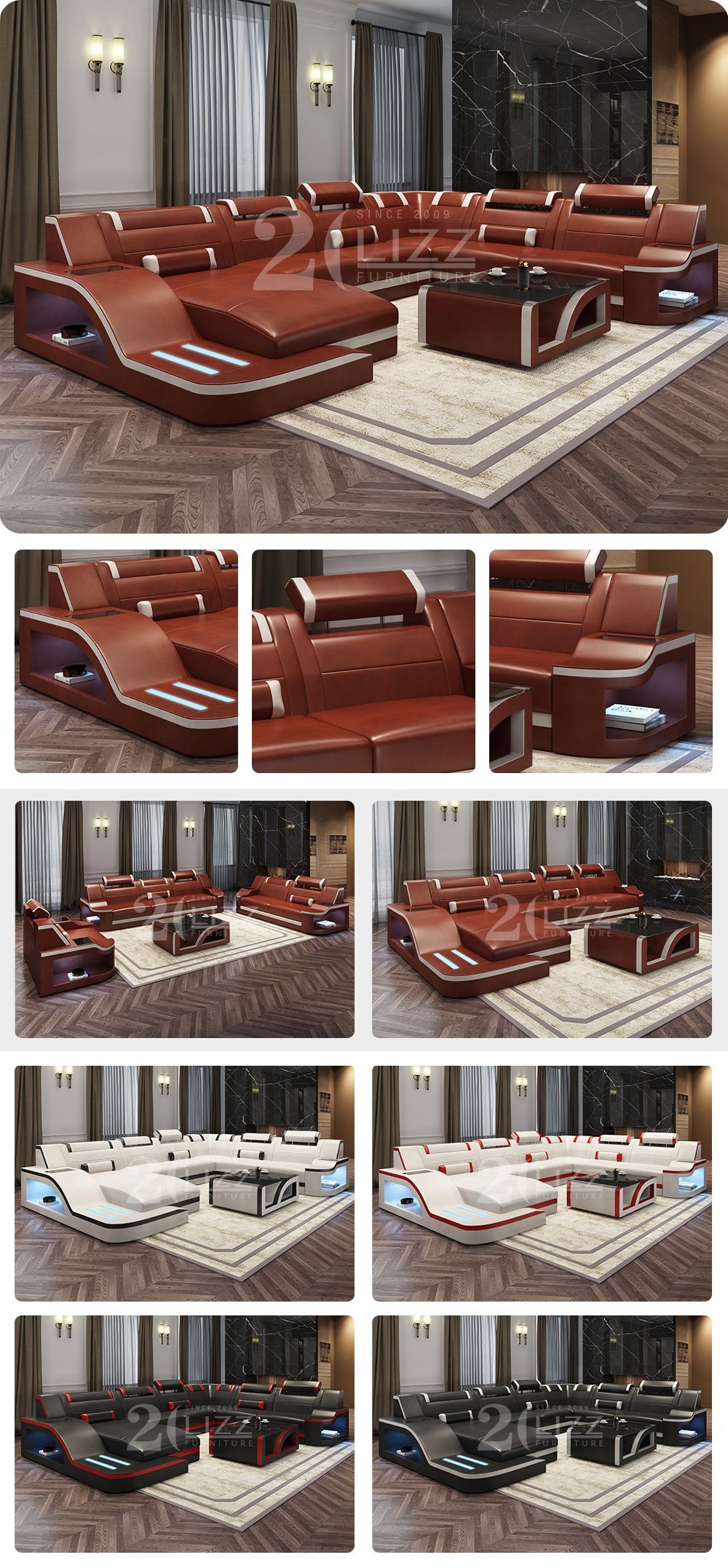 European Style Latest Design Sofa Set Living Room Genuine Leather Sofa with LED