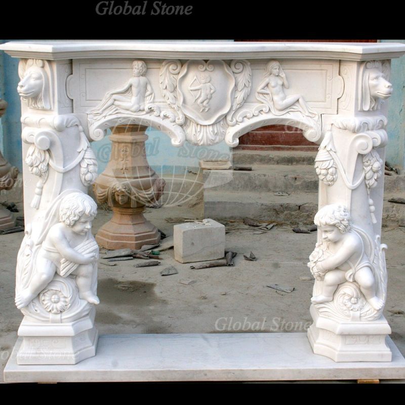 White Marble Fireplace Mantel with Carved Angel and Flowers