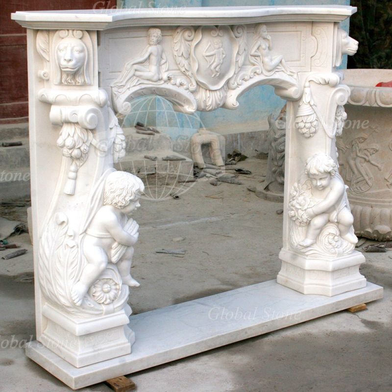 White Marble Fireplace Mantel with Carved Angel and Flowers