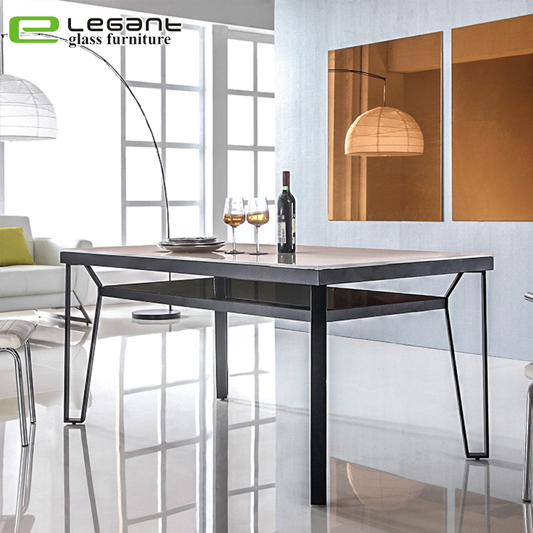 Modern Glass Dining Table, Black Coated Iron Dining Table