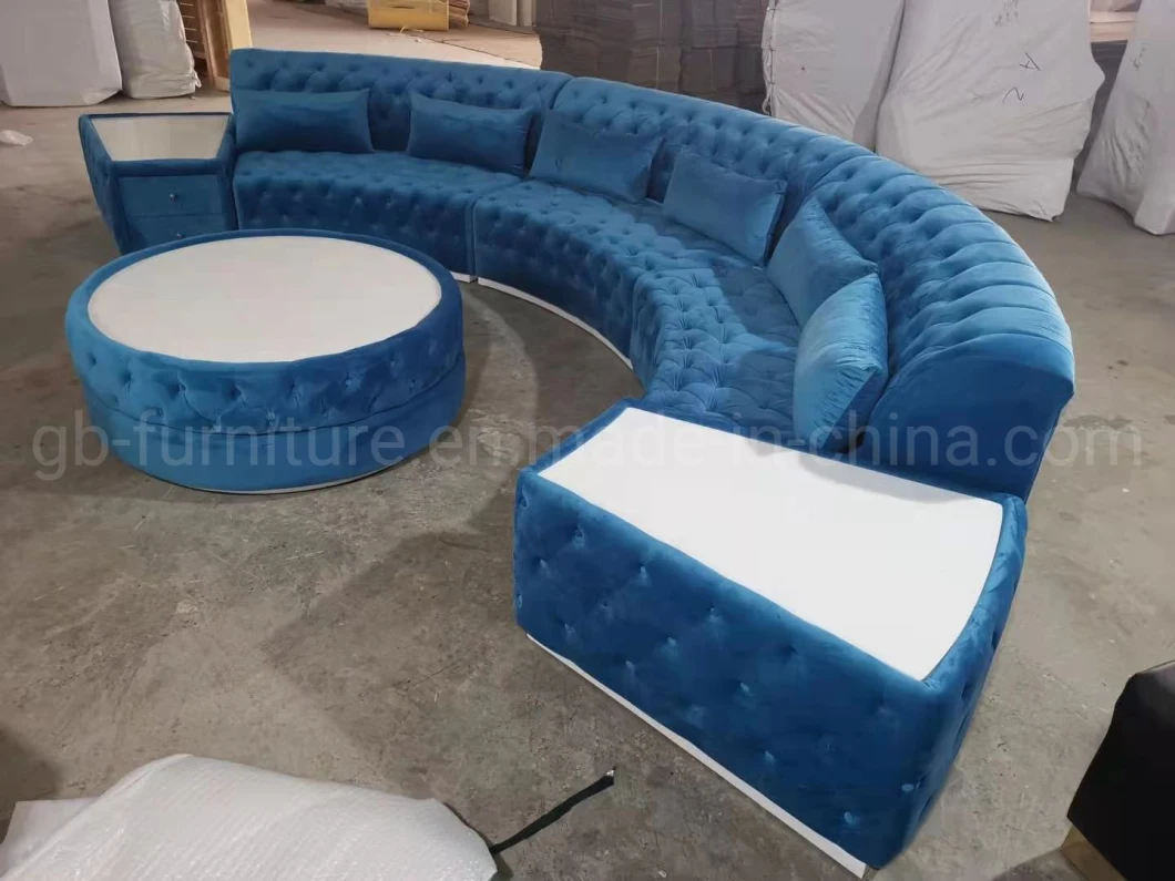 2021 New Blue Velvet Fabric Arc-Shaped Living Room Sofa with End Tables and Round Table