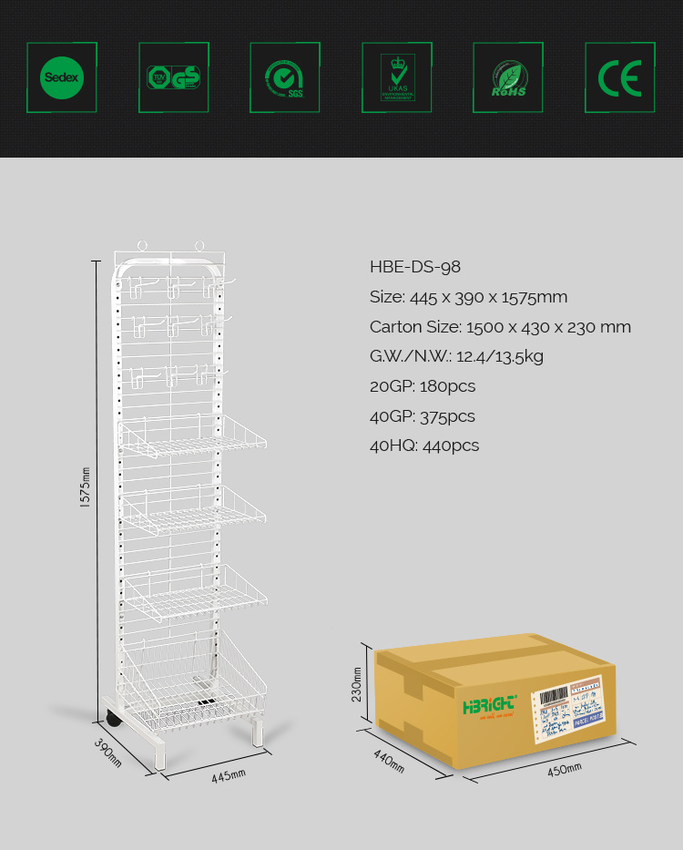 Single Side Exhibition Display Stand Hanging Hook Mesh Wire Grid Wall Rack Shelving with Basket