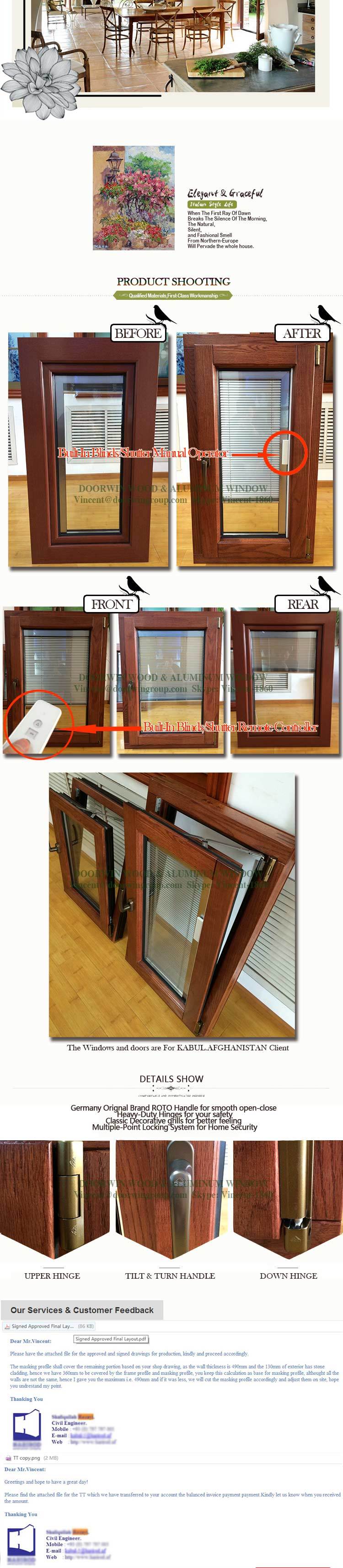 Solid Oak Wood Tilt Turn Window with Integral Shutter/Blinds, Interior Wooden Window and Oak/Teak Wood Windows Design