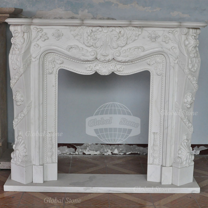 Stone Marble Fireplace Mantel with Flowers Carving (GSMF-184)