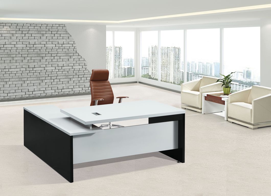 White Laquer Manager Desk with Side Table Office Table (TP-1819)