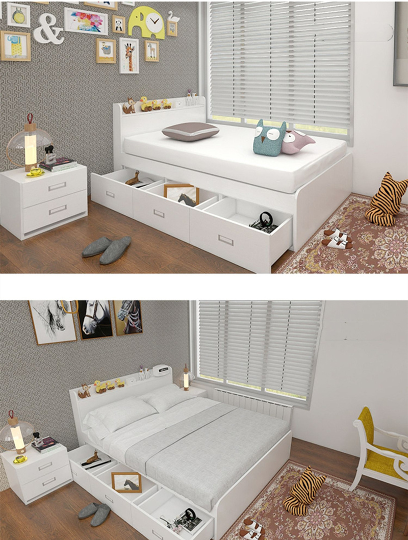 Chinese Modern Wooden Home Bedroom Furniture Set Solid Wood Simple Kids Beds with Mattresses Wardroe Cabinet