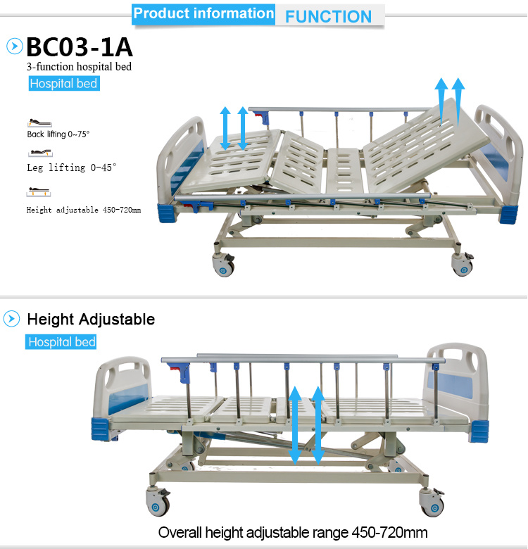 3 Function Electric Hospital Bed/Patient Bed/Fowler Bed/Nursing Bed/ICU Bed/Medical Bed with Mattress and I. V Pole