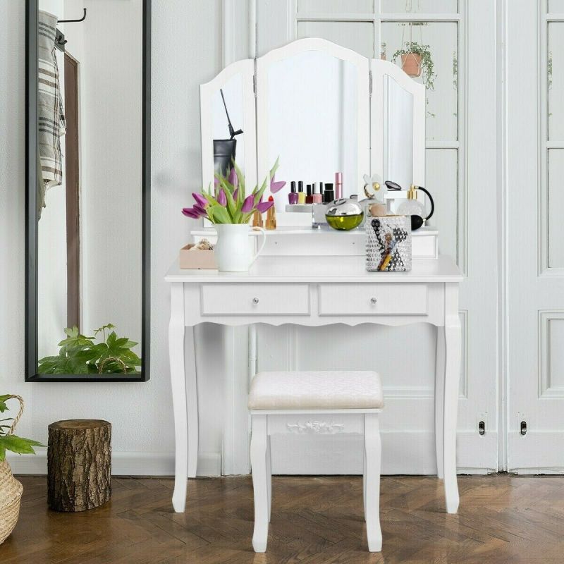 Folding Mirror Vanity Table Stool Set with 4 Drawer Bedroom Makeup Furniture