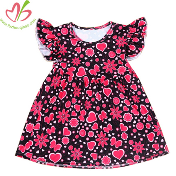 New Design Short Sleeves Baby Girl Flowers Printing Dress