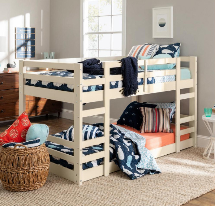 Solid Wood Traditional Twin Over Twin Low Bunk Bed - White