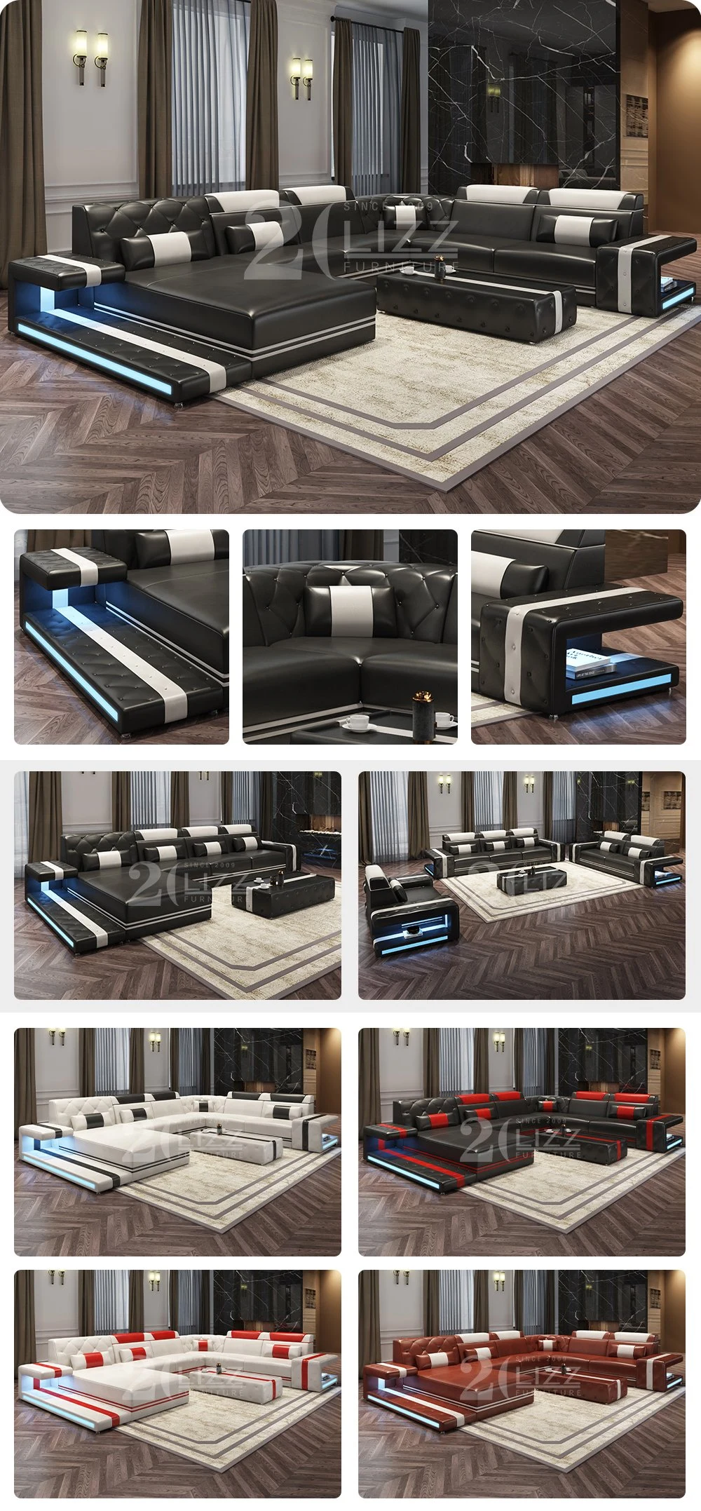 European Style Latest Design Sofa Set LED Living Room U Shape Leather Sofa