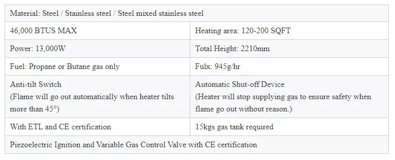 Stainless Steel Waterproof Outdoor Living Room Gas Infrared Gas Patio Electronic Heater Natural Gas