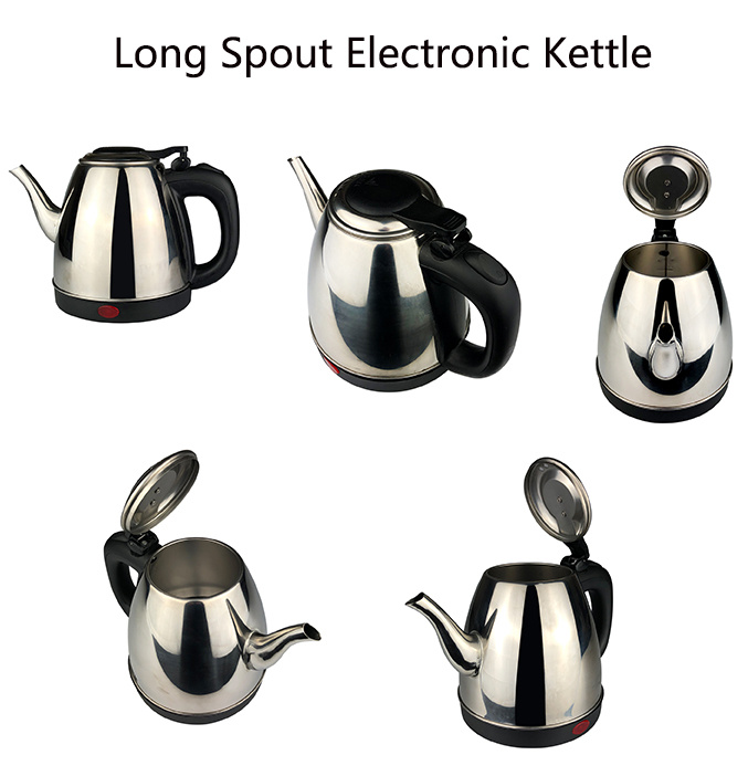 Long Spout Stainless Steel Electronic Kettle with Concealed Heating Element 1.0L