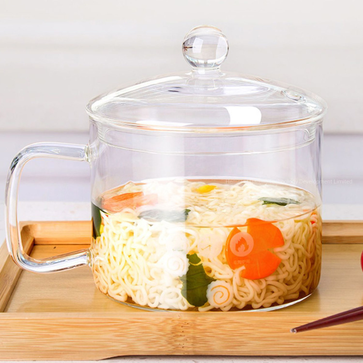 Heat Resistant Borosilicate Glass Noodle Soup Pot with Glass Handle and Cover