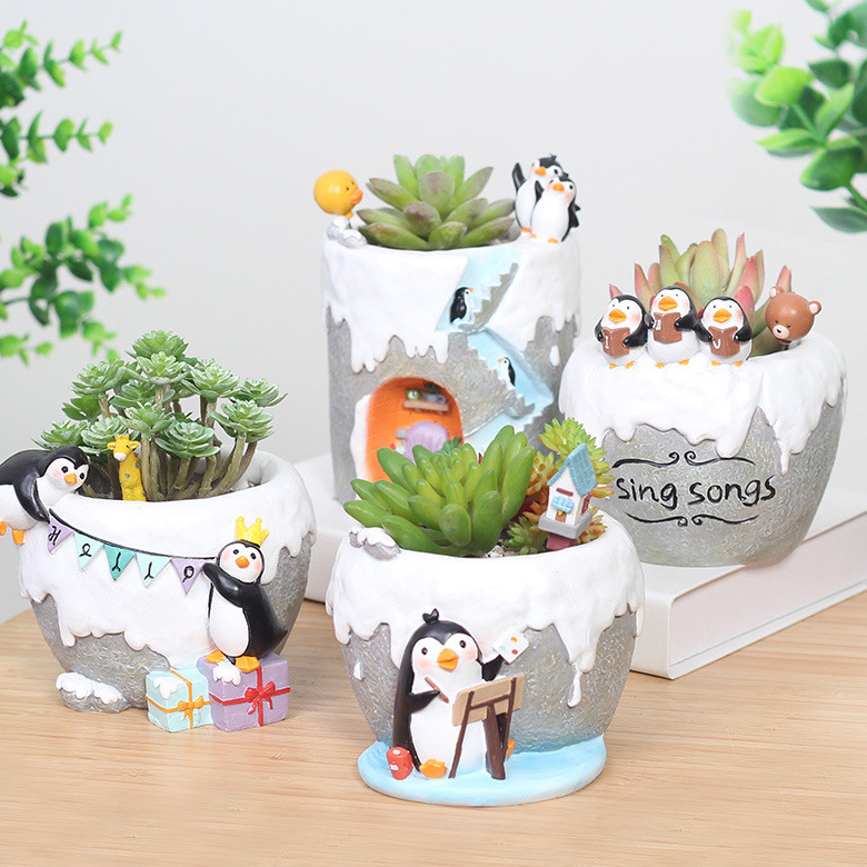 Cute Flower Pots Indoor Penguin Planter Decorative Resin Garden Small Plant Pots