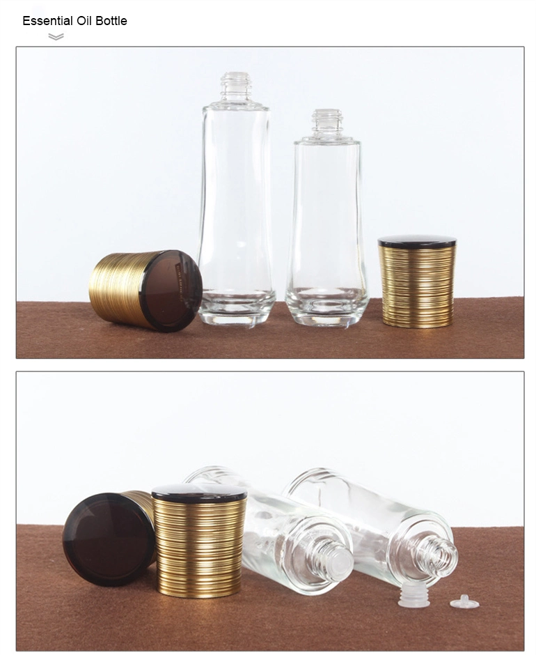 Thin Waist Glass Clear Cosmetic Lotion Bottle Cream Jar with Gold Lid