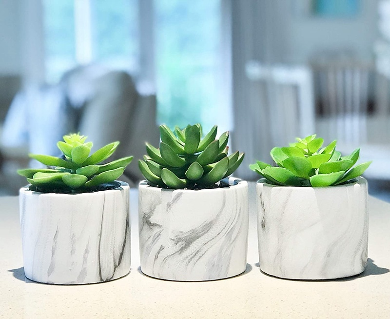 Set of 3 Artificial Succulents in Pots, 4.5" High, Marble Design Planter Pots, Feaux Succulents in Pots, Artificial Succulent Plants