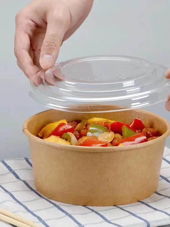 Oil Resistant Kraft Paper Food Salad Bowl Rice Noodle Soup Packaging with Clear Pet Lid