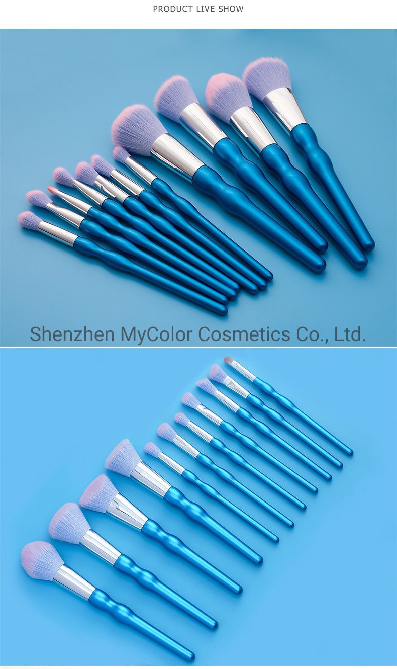 Hot Sale 11PCS Blue Makeup Brushes Set Vegan Powder Concealer Blending Kabuki Brush Set