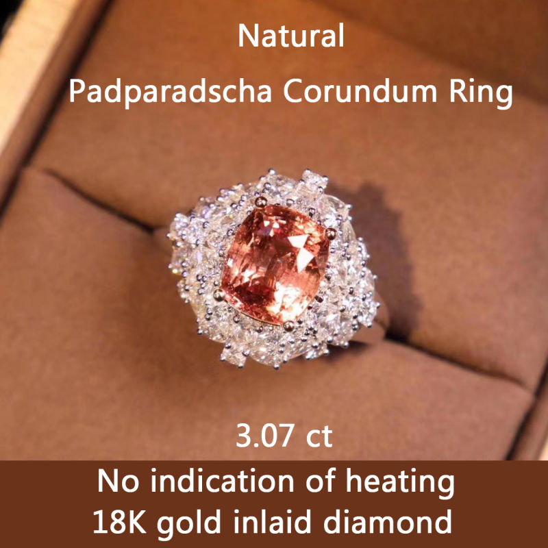 Sunset Orangy Pink Natural Padparadscha Corundum Ring No Indication of Heating with 18K Gold Inlaid Diamond Ring for Women Gifts Engagement Wedding Ring Jewelry