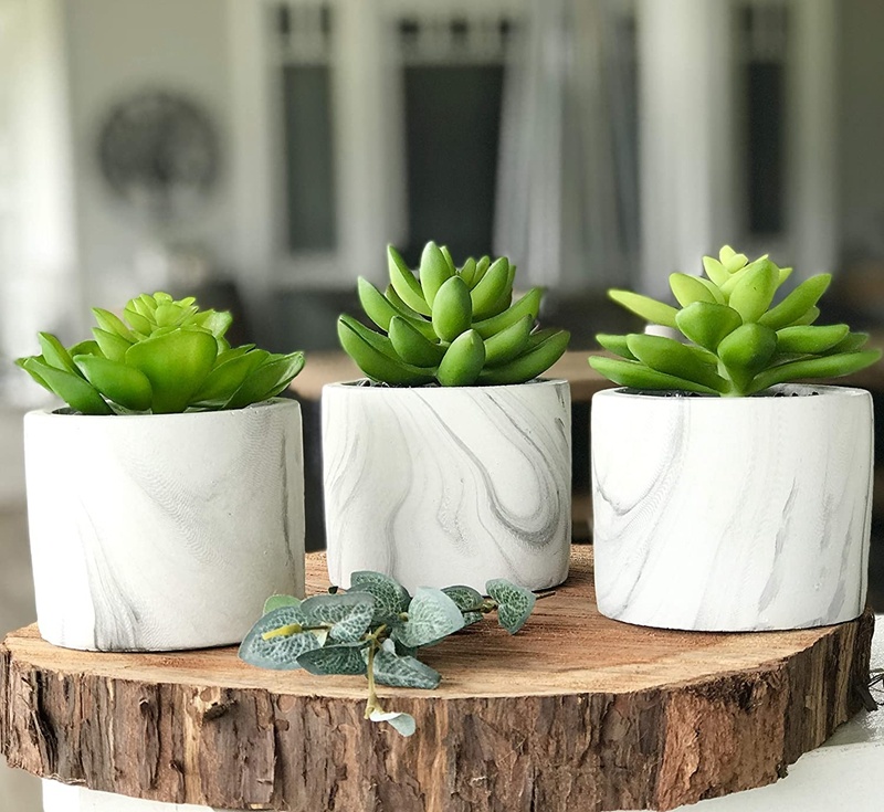 Set of 3 Artificial Succulents in Pots, 4.5" High, Marble Design Planter Pots, Feaux Succulents in Pots, Artificial Succulent Plants