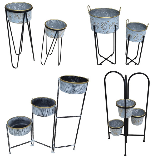 Hot Sale Metal Flower Pot Stand with 3 Round Metal Pots for Garden