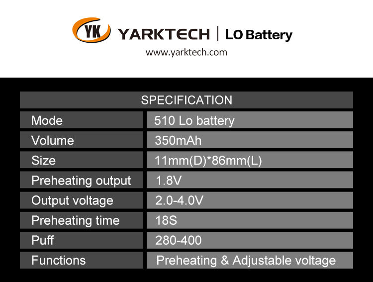 Yarktech High End Preheating Cbd Vape Pen Battery 510 Thread 350mAh Adjustable Voltage Battery