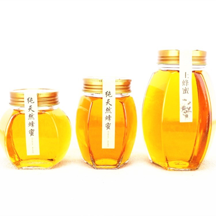 Empty 375ml 500ml 750ml Hexagonal Glass Honey Bottle/Jar Storage Jam Sauce Canned Pickle Glass Jar with Metal Lids
