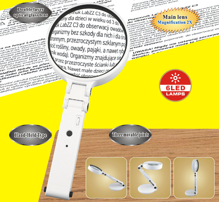 Desk Type and Hand Held Foldable Magnifier with Cold and Warm Light LED