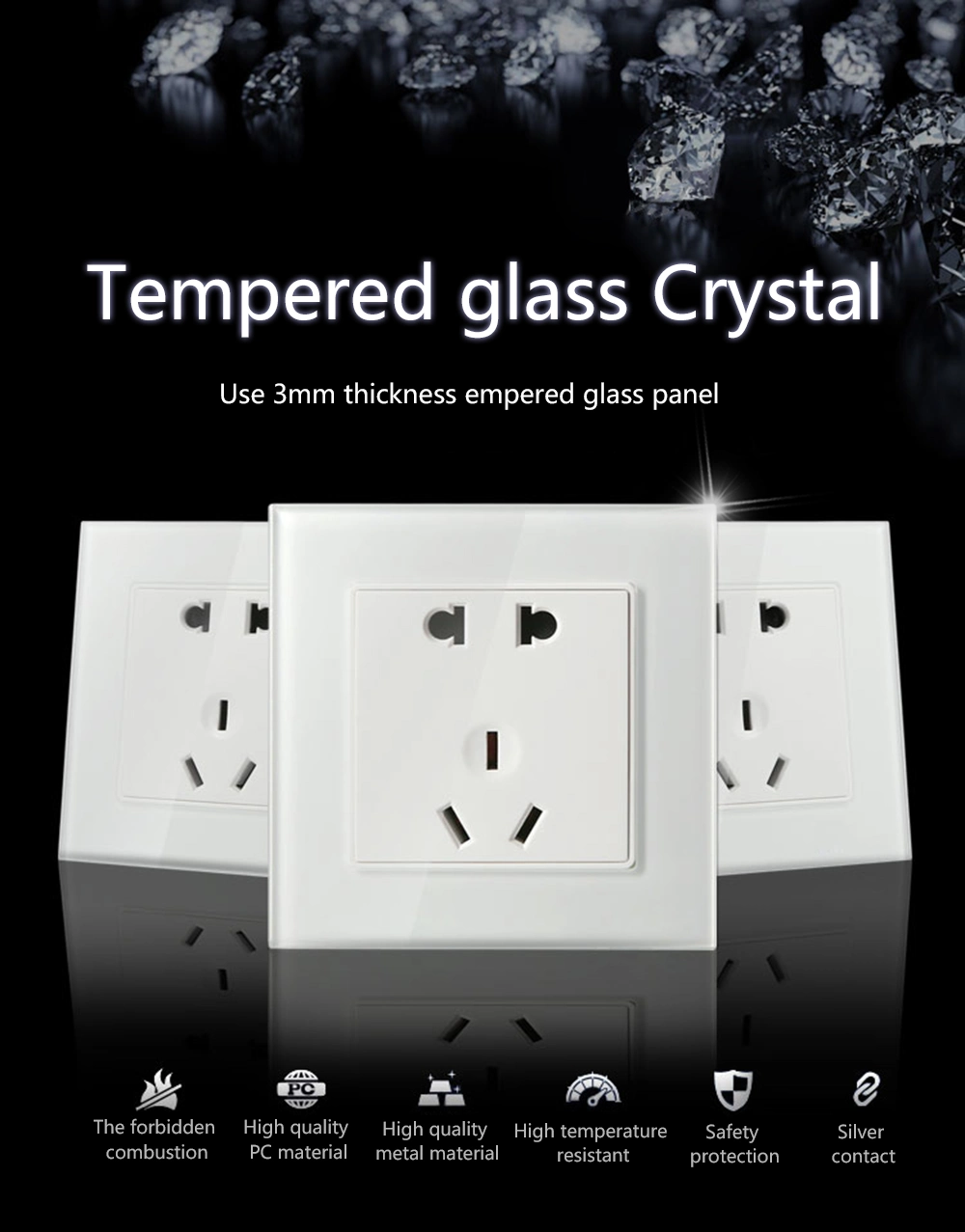 13A UK Switched Socket Crystal Tempered Glass Double USB Outlet 5V2a Switch and 13A UK Socket