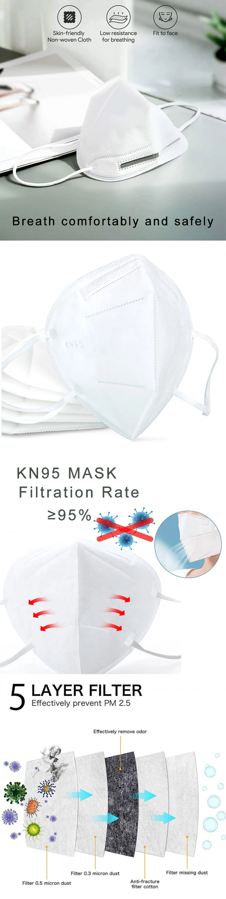 95% Filtered KN95 Disposable Respirator Face Mask