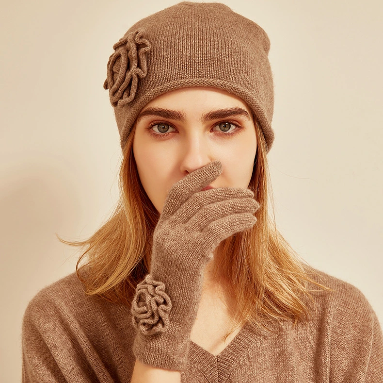 Factory Wholesale Camel Color 100% Cashmere Knitted Hat Gloves Set