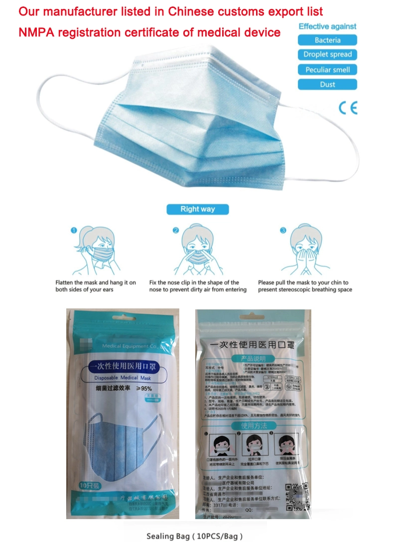 China Made Disposable Quality Bfe>95% Filtered Adult Face Mask Medical