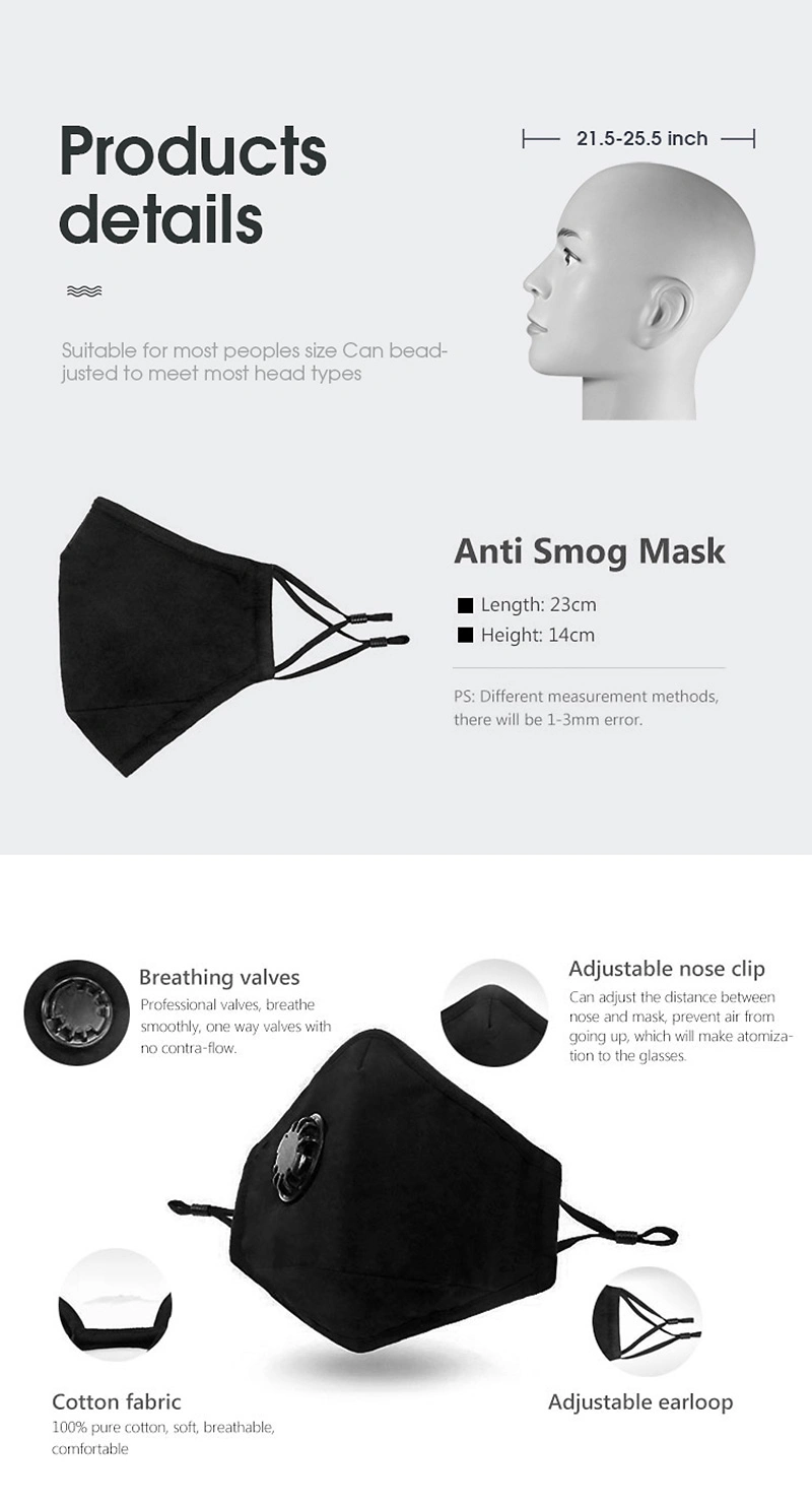 OEM Black Cotton Anti Smog Mist Prevent Pm2.5 Haze Face Mask with Carbon Filters