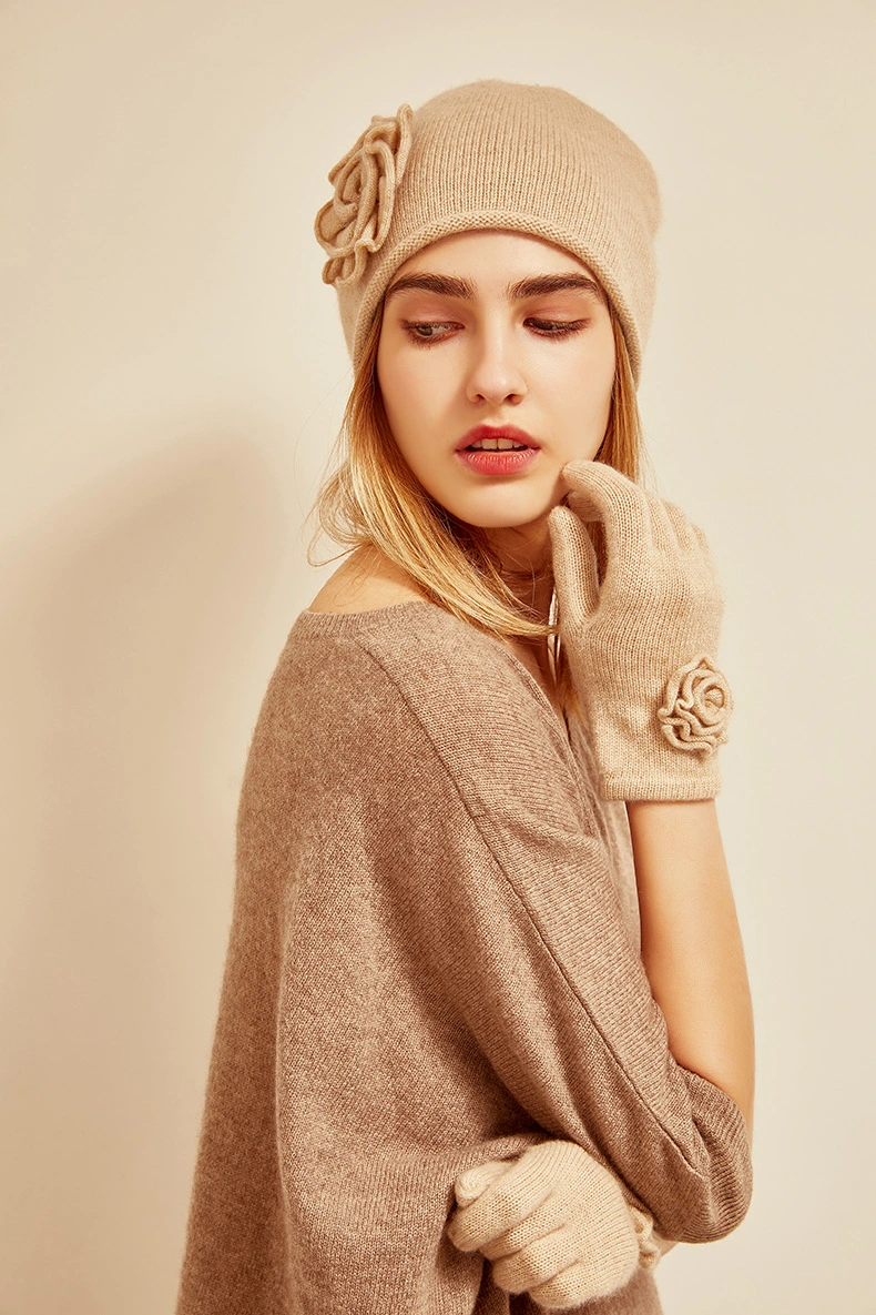 Factory Wholesale Camel Color 100% Cashmere Knitted Hat Gloves Set