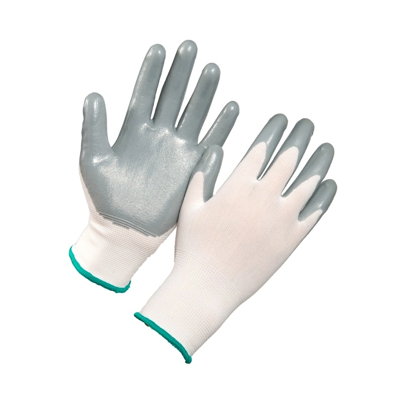 Grey Nitrile Coated Gloves with 13G White Nylon Liner