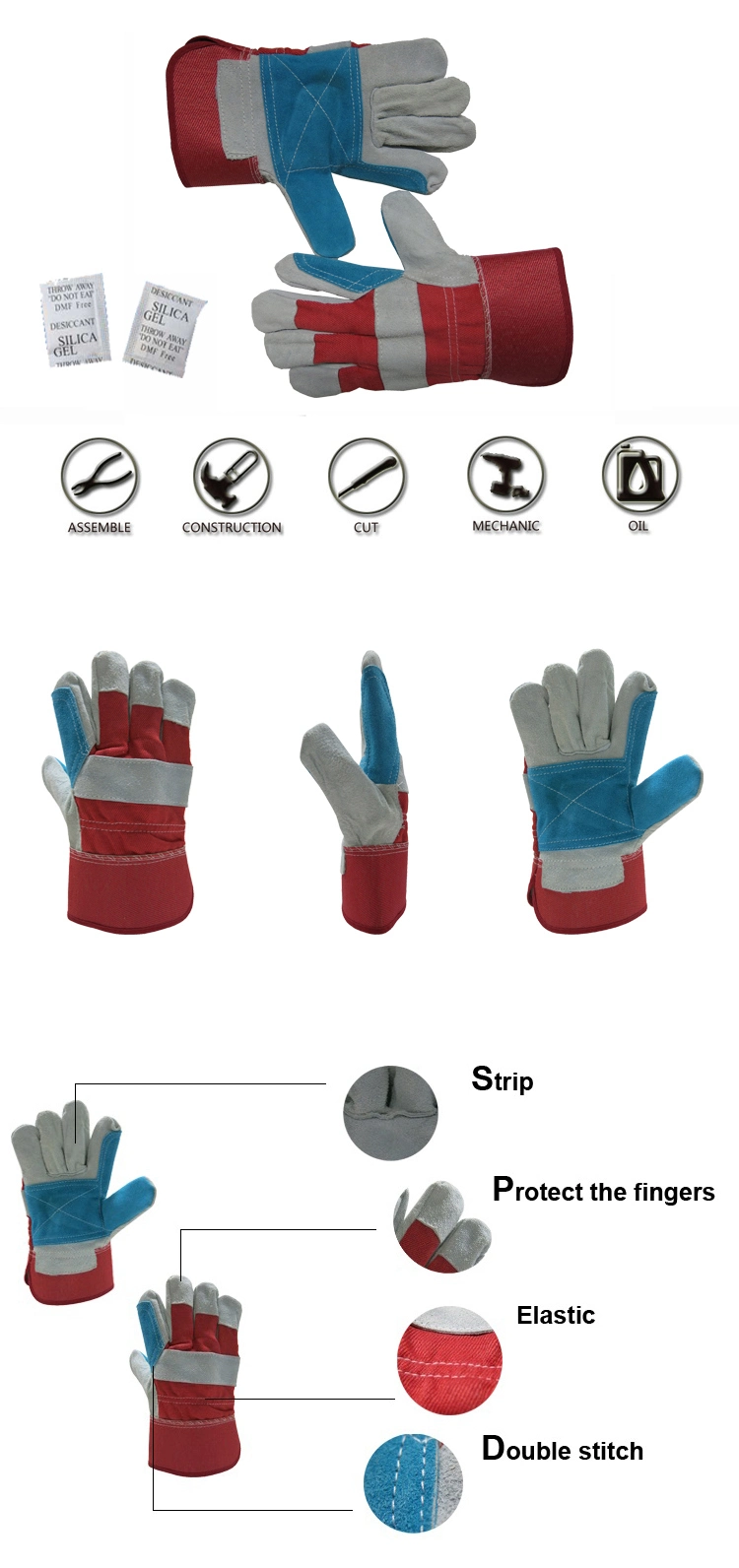 Reinforced Blue Cow Split Leather Palm Gloves with Red Cotton Back Rubberized Cuff