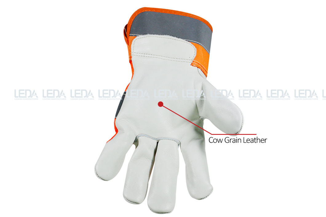 Hi-Vis Fabric Hand Back White Cow Grain Leather Palm Leather Work Gloves