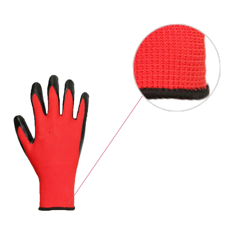 13 Gauge Poly Liner Red Black Anti-Acid Nitrile Coated Gloves Safety Gloves