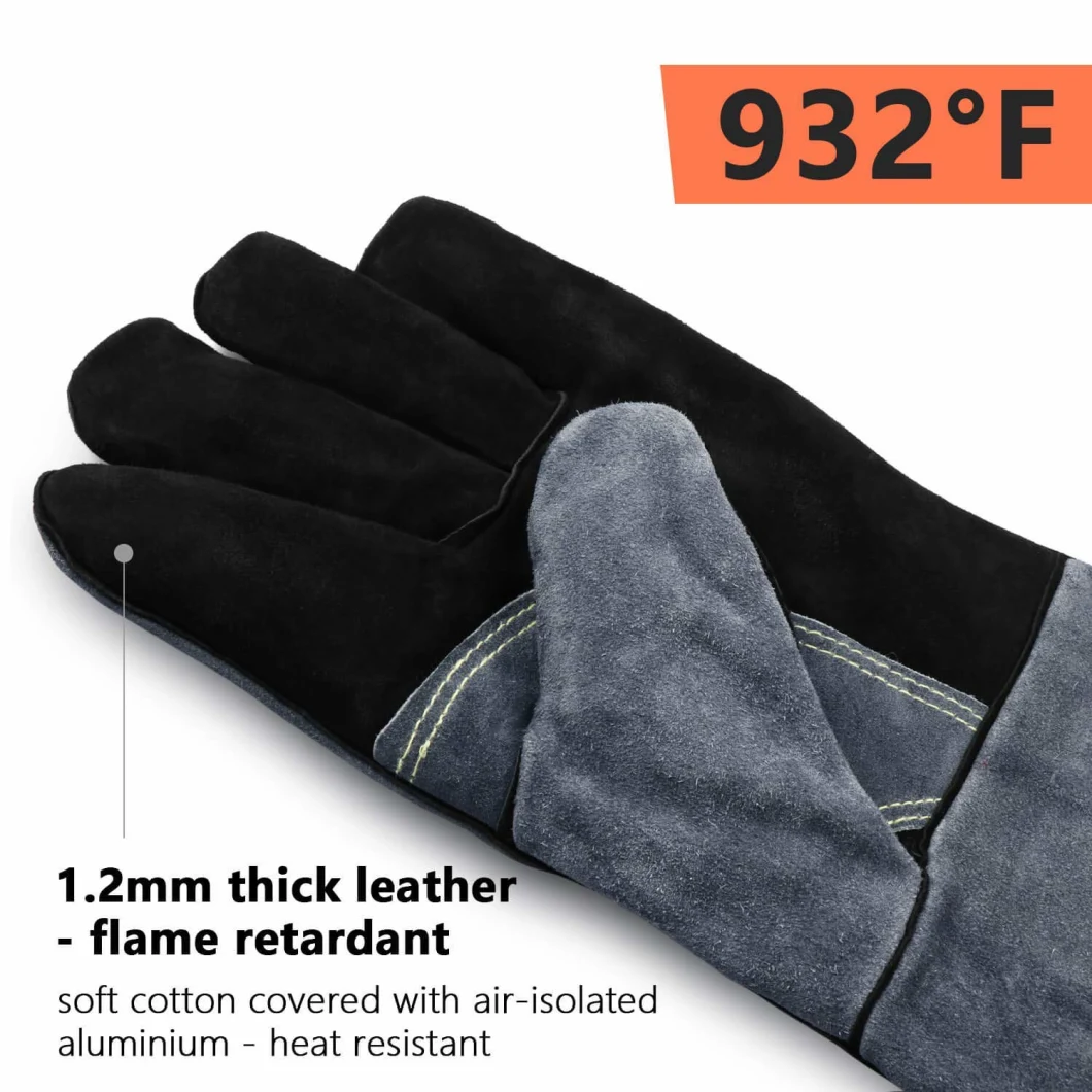 Custom Heat Resistant Leather Welding Gloves with Long Sleeve and Insulated Cotton Lining Outdoor Winter Autumn